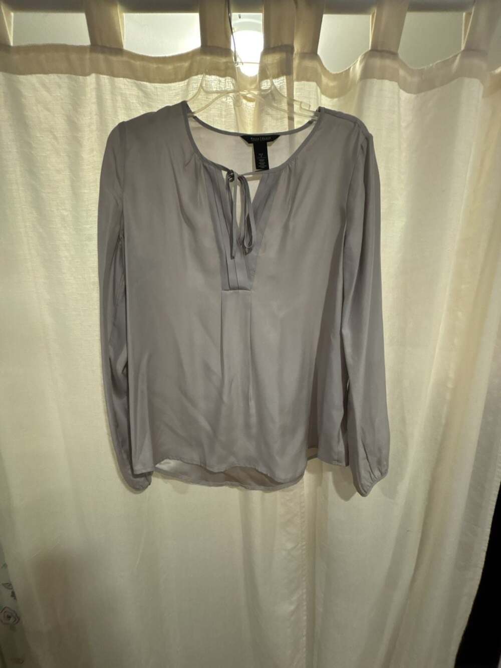 White House Black Market Gray Silk Long Sleeve Split-Neck Blouse